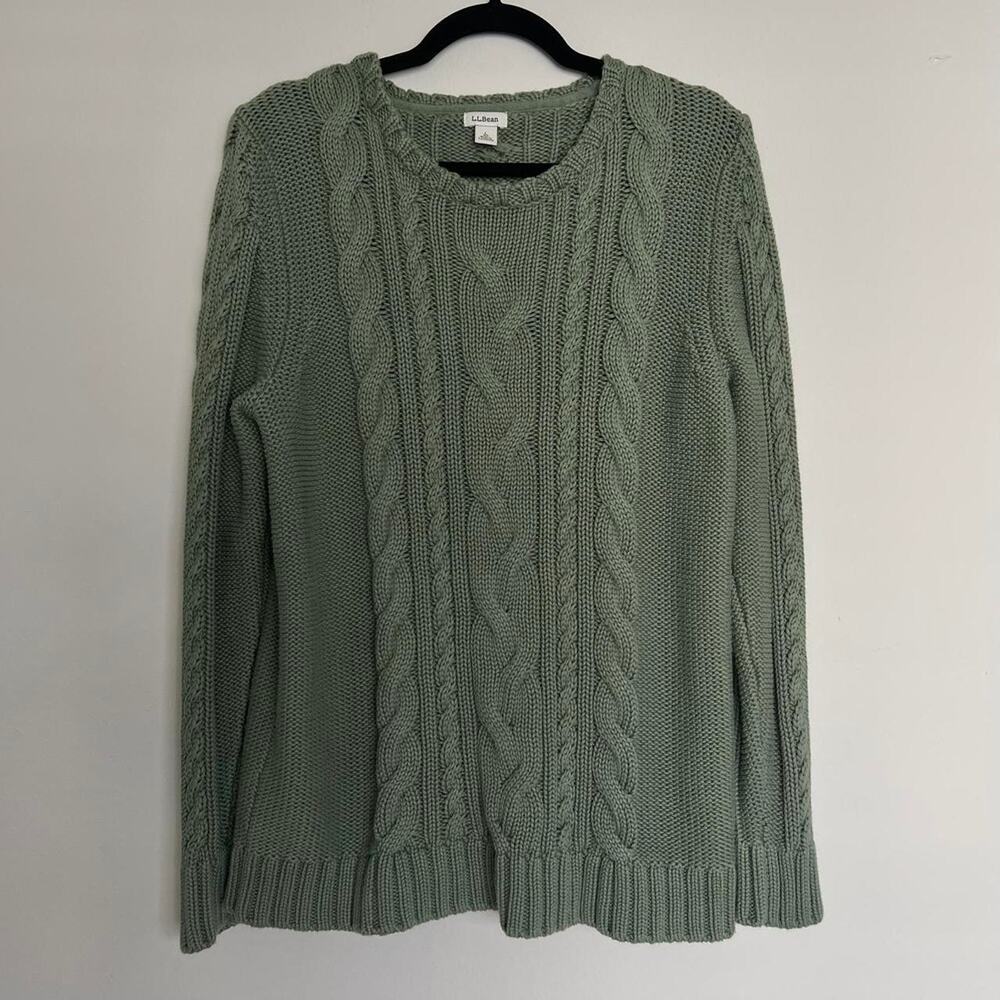 LL Bean Green Chunky Cableknit Pullover Sweater